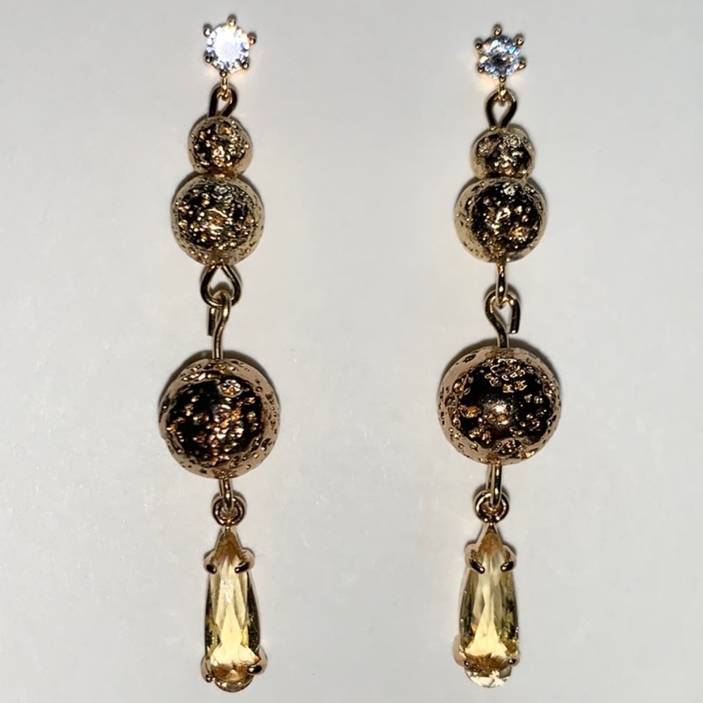 Sheer Yellow Teardrop Faceted Drop Dangle w Gold Semi Precious Lava Bead on CZ